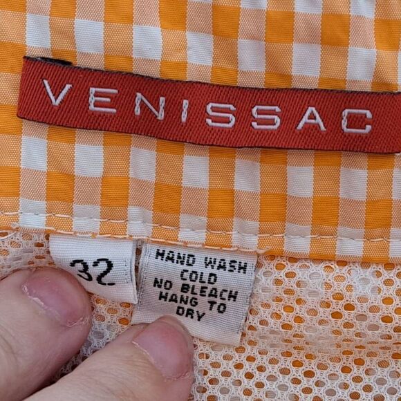 VENISSAC Men’s Swim Trunk Shorts Beach Luxury Travel Orange White Gingham Print - Picture 4 of 5